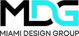 Logo for Miami Design Group, serving Broward County, features bold black "MD" and a light blue "G" above the text "Miami Design Group" in black capitals—reflecting expertise in Interior Exterior Custom Design.